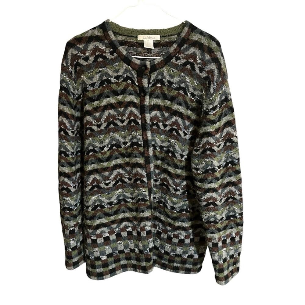 Le Moda Women's XL wool blend button up geometric button-up cardigan sweater